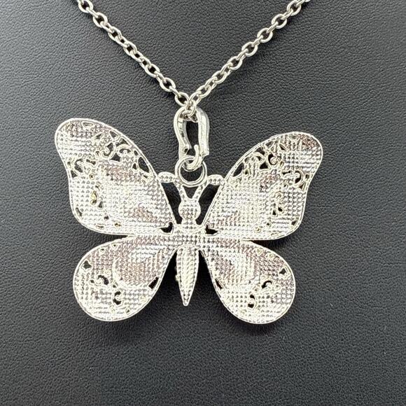 Butterfly Necklace 27" Acrylic Red Yellow Crystal Pendant Silver Tone Long Chain - Picture 3 of 7